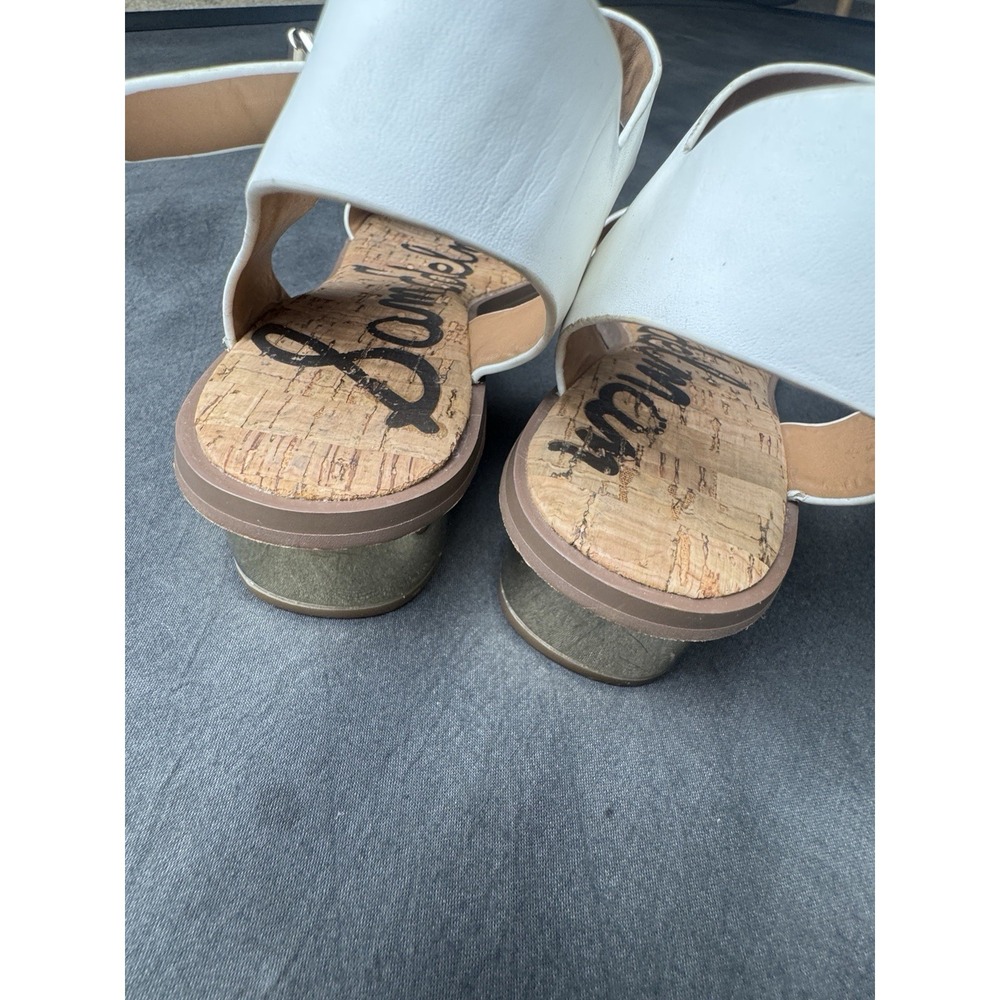 Sam Edelman White Leather Cork Sandals Gold Block Heel Buckle Strap Women's 7.5 - Picture 9 of 13